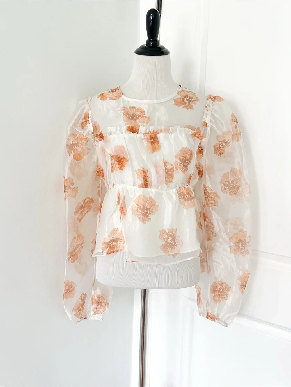 Whiteroom+Cactus Sheer Ivory Organza Blouse with Peach Floral - Large